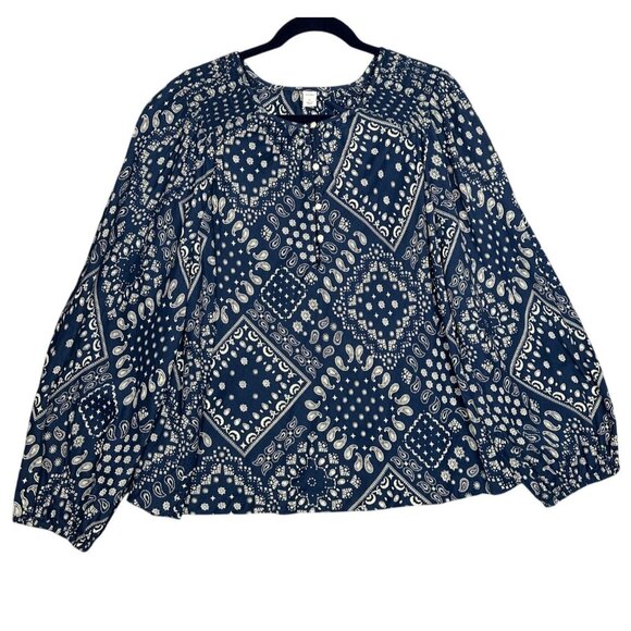 Old Navy Bandana Print Smocked Shoulder Poet Blouse XL Blue Boho Coastal Cowgirl - Picture 2 of 10